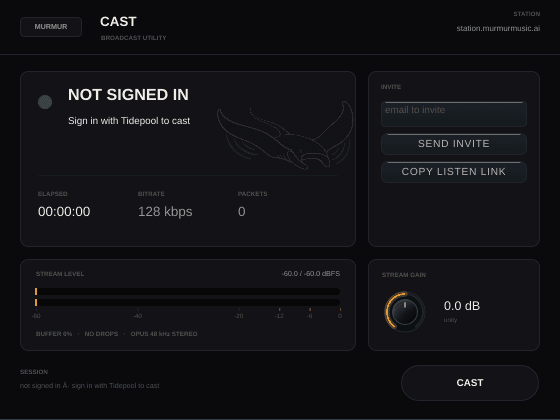 The MURMUR-Cast plugin panel, showing the header, status lamp, invite card, stream meter, gain knob and footer.
