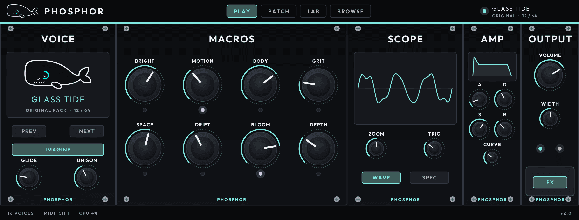 The PHOSPHOR PLAY page: the VOICE module with the preset display, PREV, NEXT and IMAGINE, eight macro knobs, the SCOPE, the AMP envelope and the OUTPUT module.