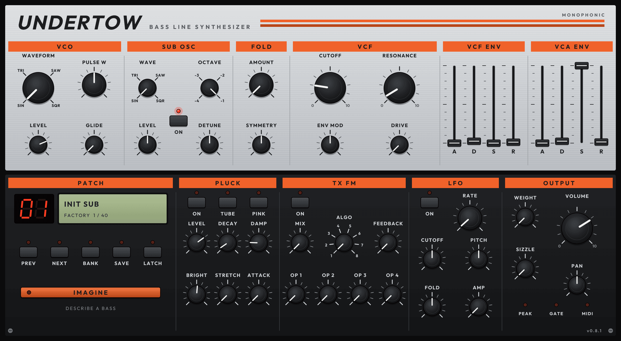 The Undertow face: a silver upper deck with VCO, SUB OSC, FOLD, VCF and two banks of envelope sliders, and a black lower deck with the PATCH display and buttons, IMAGINE, PLUCK, TX FM, LFO and OUTPUT.