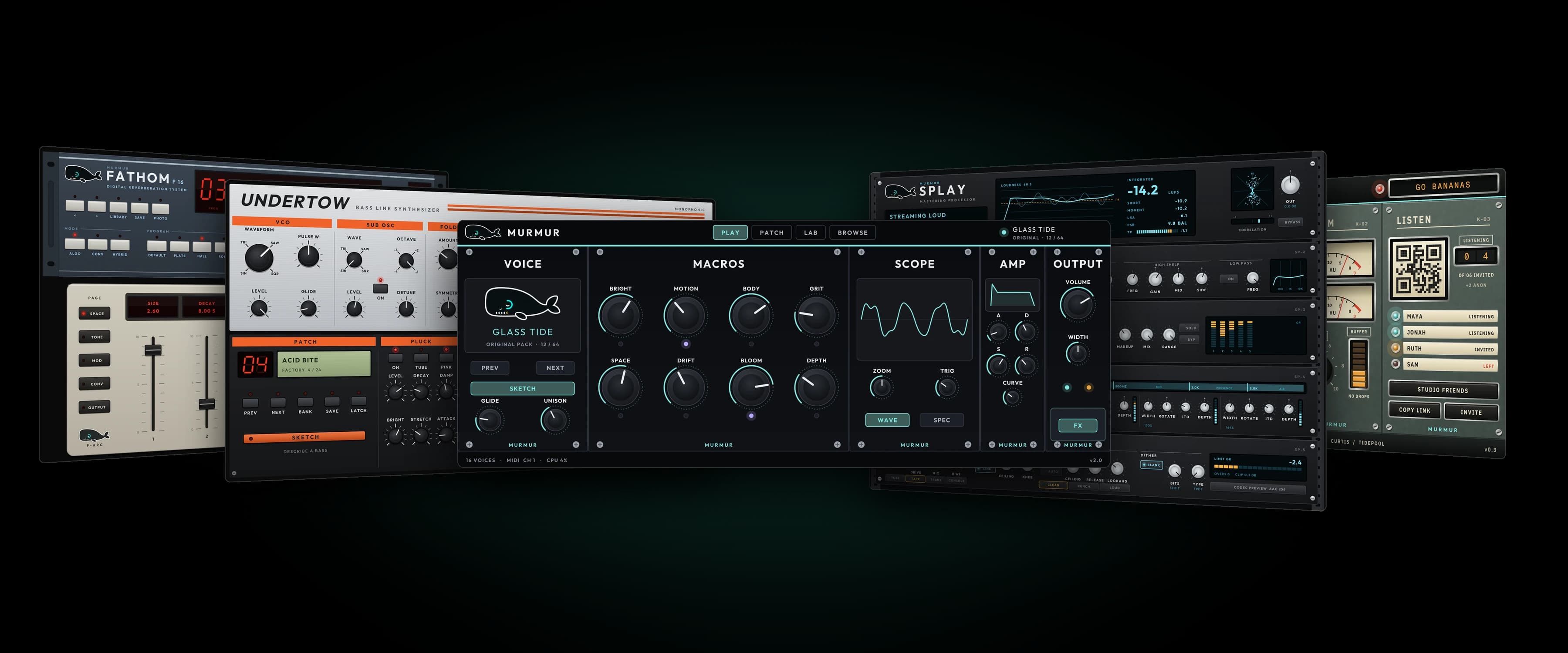 Phosphor's PLAY screen in front of the Fathom, Undertow, SPLAY and Cast plugins